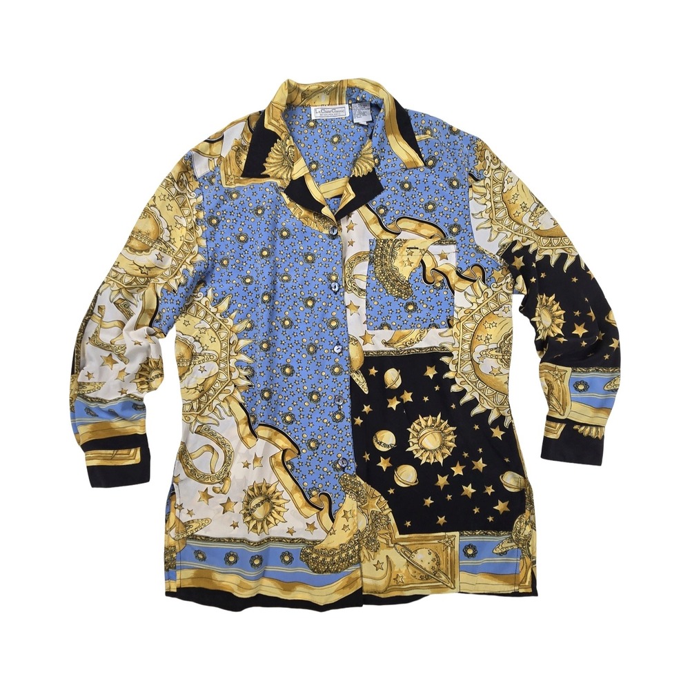 La Chine Classic Silk Celestial Sun Moon Star Button Down Shirt Vintage 80s 90s